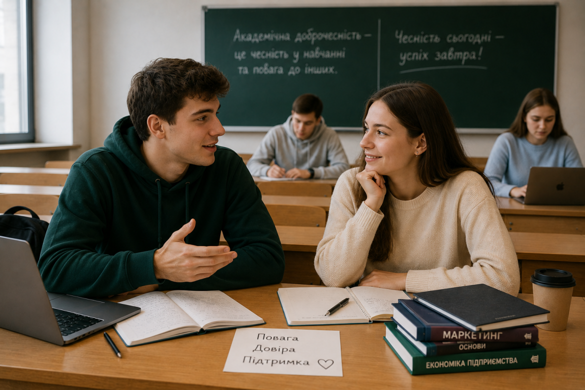 Двоє студентів розмовляють за партою в аудиторії, на дошці написано про академічну доброчесність і чесність у навчанні