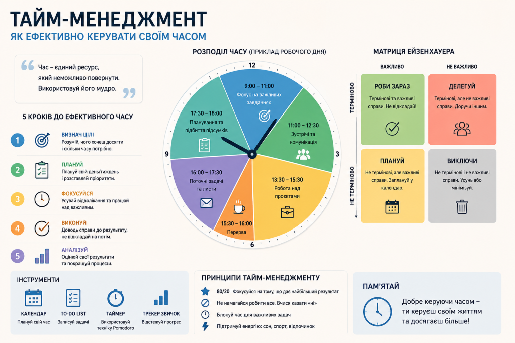 Інфографіка про тайм-менеджмент: 5 кроків, розподіл робочого дня на годинниковій діаграмі та матриця Ейзенхауера