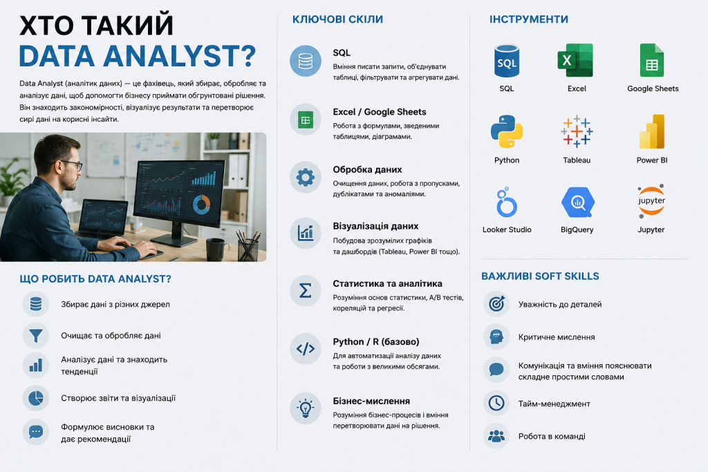 Інфографіка про професію аналітика даних: що робить, ключові скіли, інструменти (SQL, Python, Tableau, Power BI) та важливі soft skills