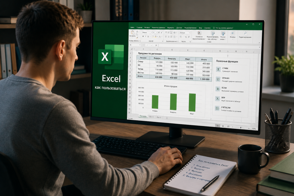 Чоловік вивчає Excel за великим монітором із таблицею продажів по регіонах і діаграмою, на екрані список корисних функцій: СУММ, СРЗНАЧ, ЯКЩО, ВПР