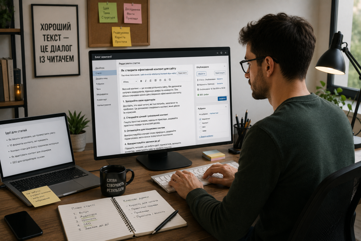 Чоловік-копірайтер у окулярах редагує статтю у WordPress на великому моніторі, поруч ноутбук із планом статті та блокнот