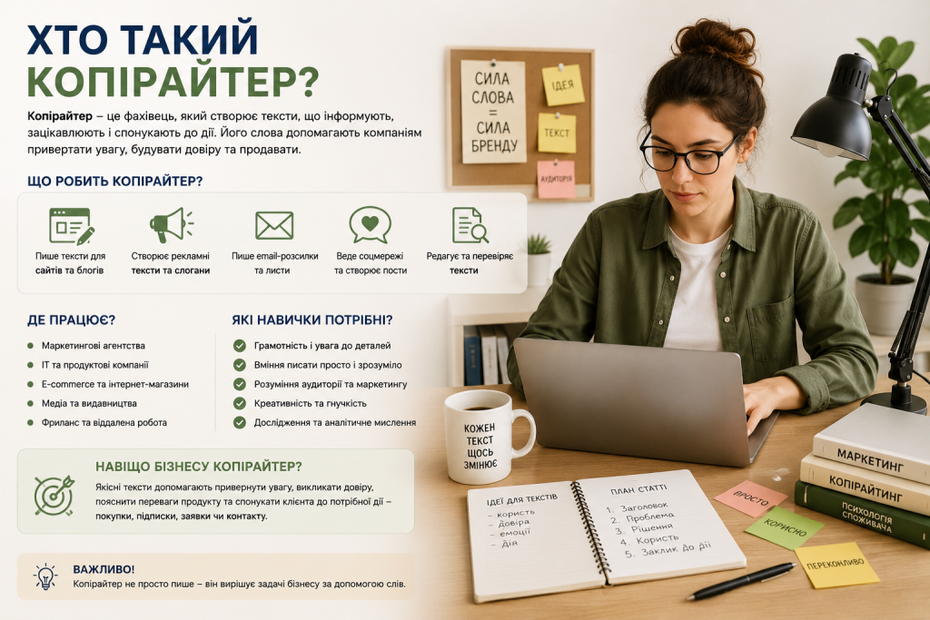 Інфографіка про професію копірайтера: що робить, де працює, які навички потрібні, навіщо бізнесу, з фото дівчини за ноутбуком