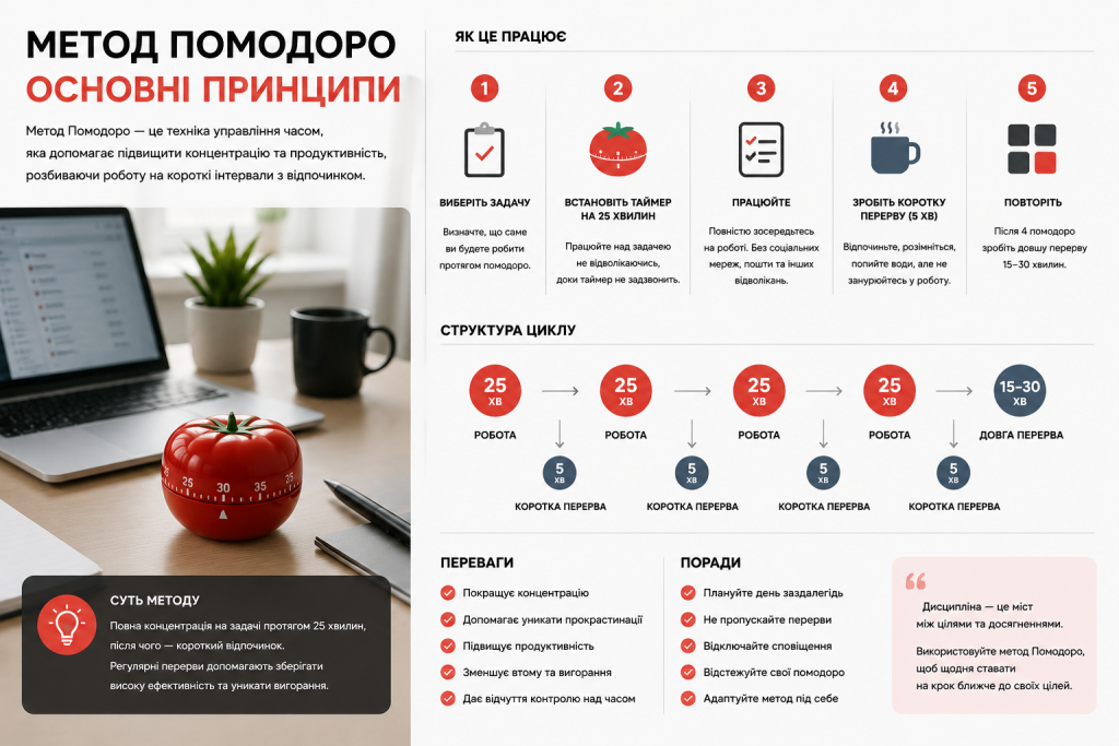 Інфографіка про метод Помодоро: 5 кроків роботи, структура циклу 25+5 хвилин, переваги та поради, з фото таймера-помідора на столі