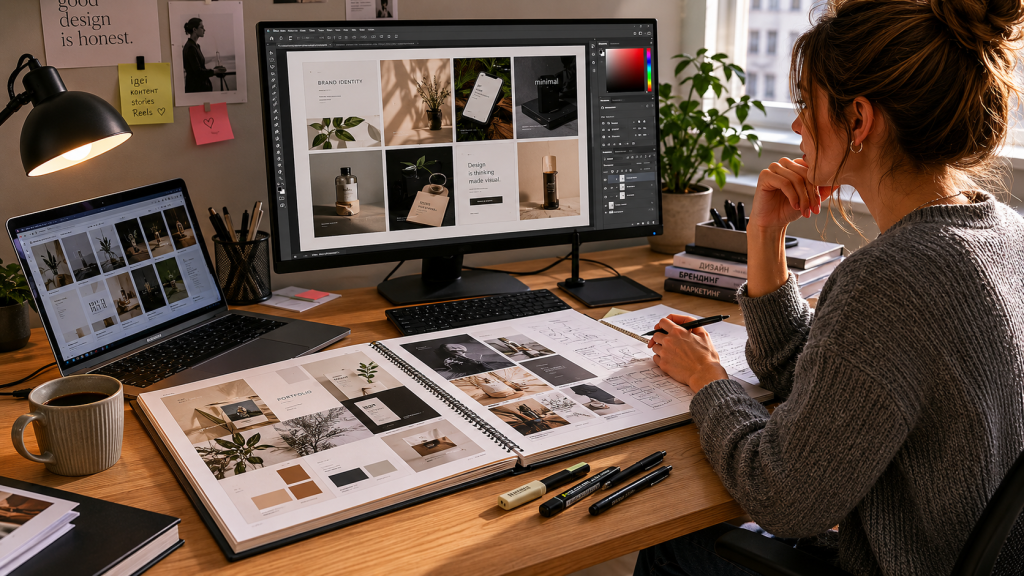 Дизайнерка переглядає портфоліо в Photoshop на великому моніторі, на столі розгорнутий друкований альбом із проектами та книги з дизайну