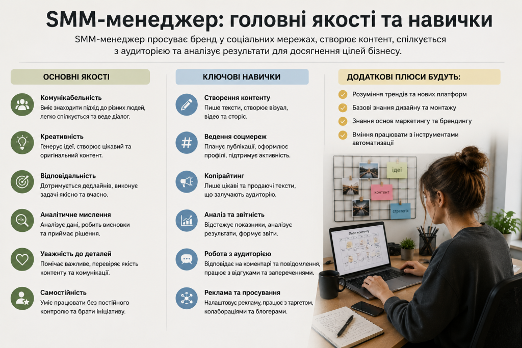 Інфографіка про SMM-менеджера: основні якості, ключові навички та додаткові переваги з фото дівчини за ноутбуком