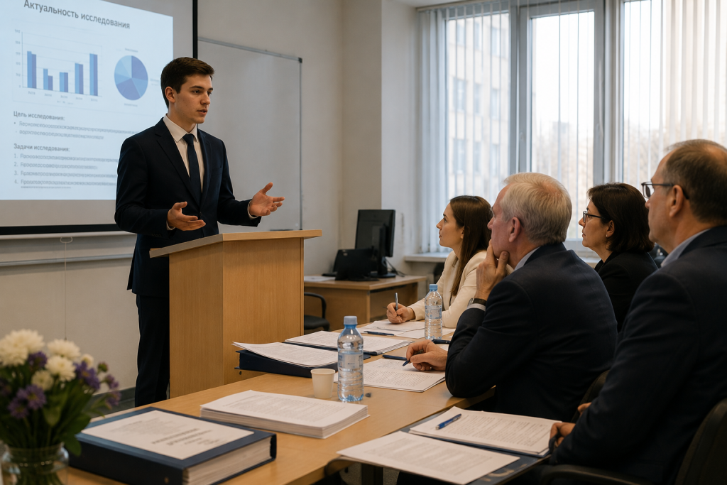 Студент у костюмі захищає дипломну роботу перед екзаменаційною комісією, на екрані презентація з графіками та актуальністю дослідження