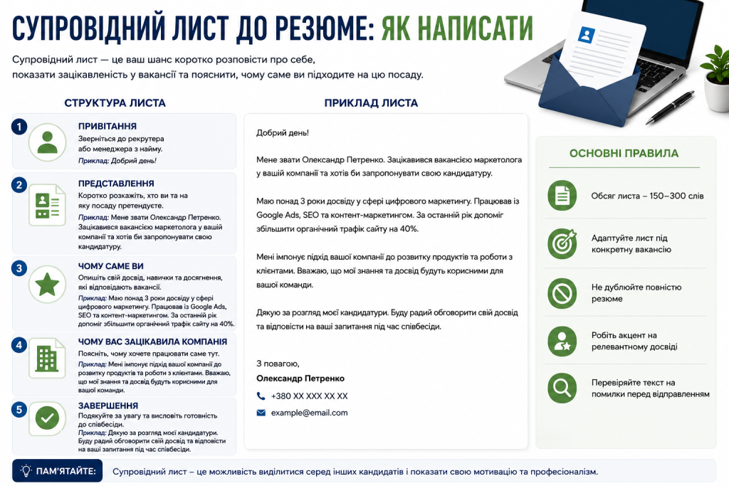 Інфографіка зі структурою та прикладом супровідного листа до резюме: привітання, представлення, досвід, мотивація, завершення