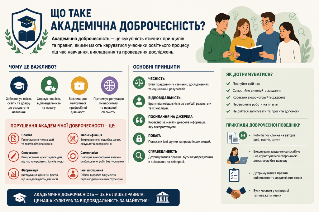 Інфографіка про академічну доброчесність: визначення, принципи, порушення та як їх уникати, з ілюстрацією студентів