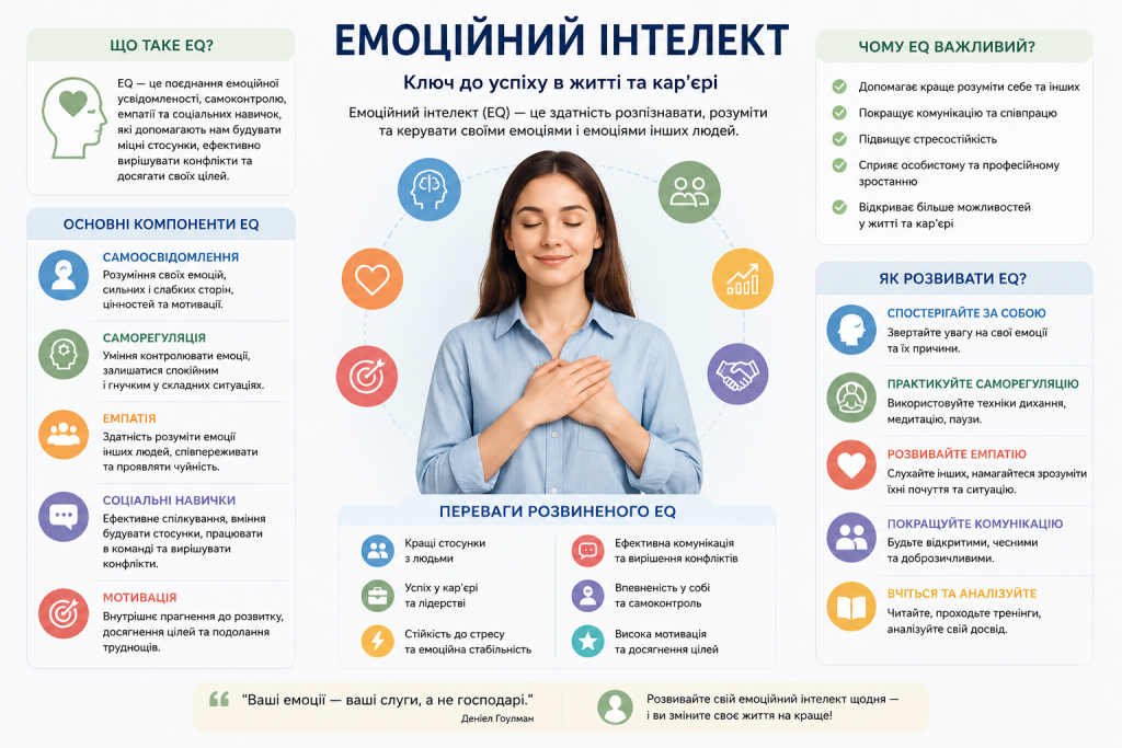 Інфографіка про емоційний інтелект: компоненти EQ, переваги, способи розвитку з портретом спокійної молодої жінки в центрі