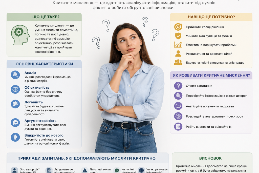 Інфографіка про критичне мислення: визначення, основні характеристики, навіщо потрібно та як розвивати, з фото задумливої дівчини в центрі