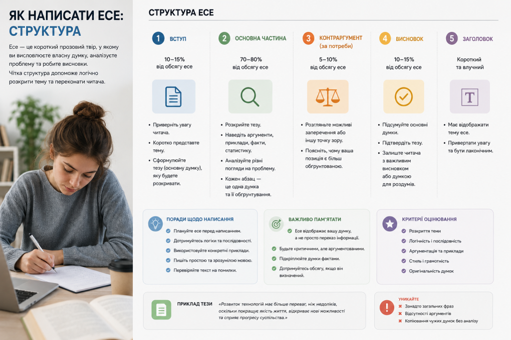Інфографіка зі структурою есе: вступ, основна частина, контраргумент, висновок, заголовок, із порадами та критеріями оцінювання