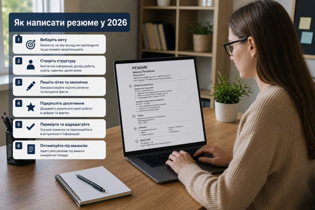 Інфографіка з 6 кроками написання резюме на фоні дівчини, яка працює за ноутбуком
