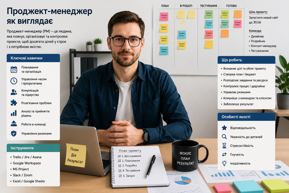 Інфографіка про проджект-менеджера: ключові навички, обов'язки, інструменти та особисті якості з портретом усміхненого чоловіка в центрі
