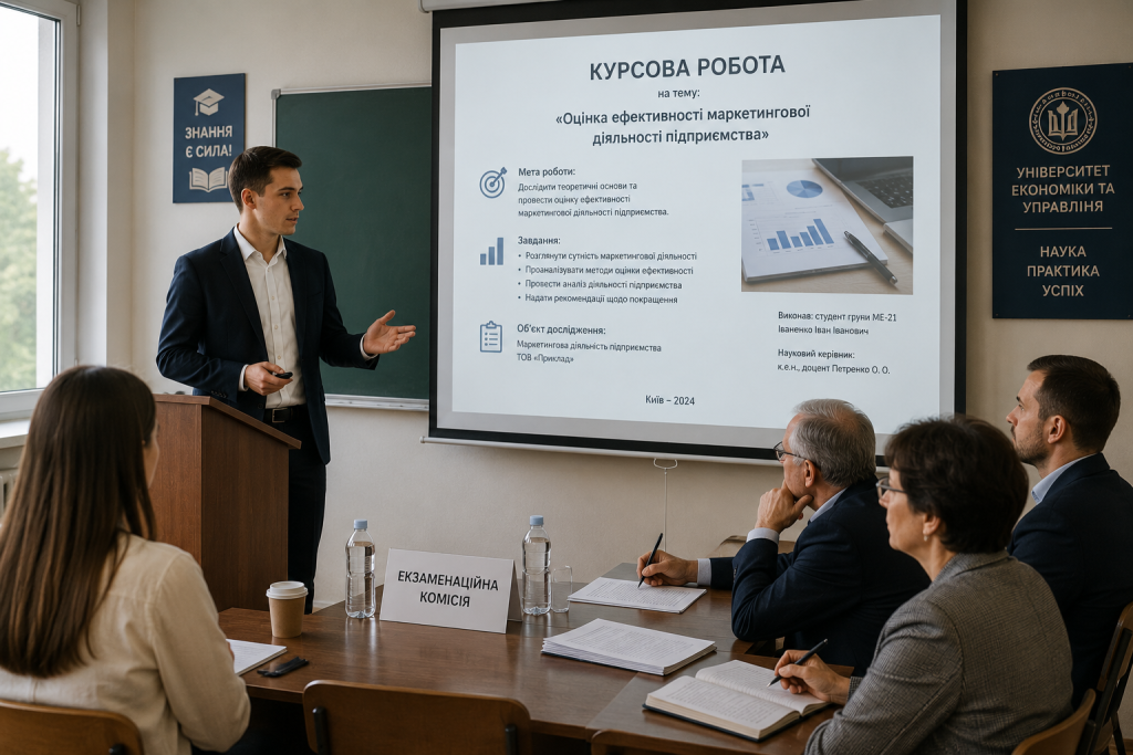 Студент захищає курсову роботу з маркетингу перед екзаменаційною комісією в університетській аудиторії