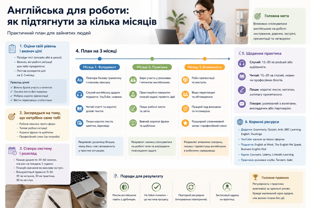 Інфографіка з покроковим планом вивчення англійської для роботи: оцінка рівня, розклад, тримісячна програма та корисні ресурси