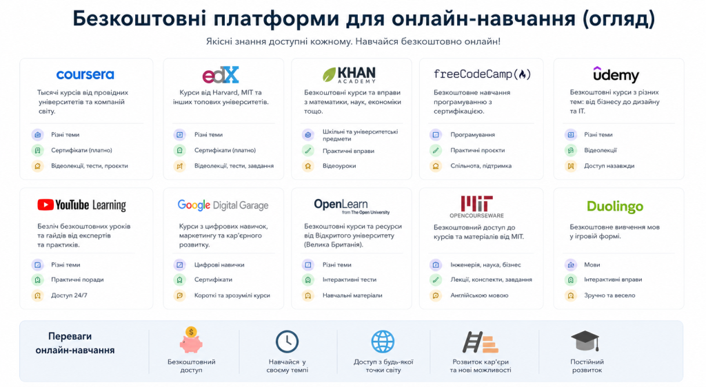 Інфографіка з оглядом 10 безкоштовних платформ для онлайн-навчання: Coursera, edX, Khan Academy, freeCodeCamp, Udemy, YouTube Learning, Google Digital Garage, OpenLearn, MIT OpenCourseWare та Duolingo
