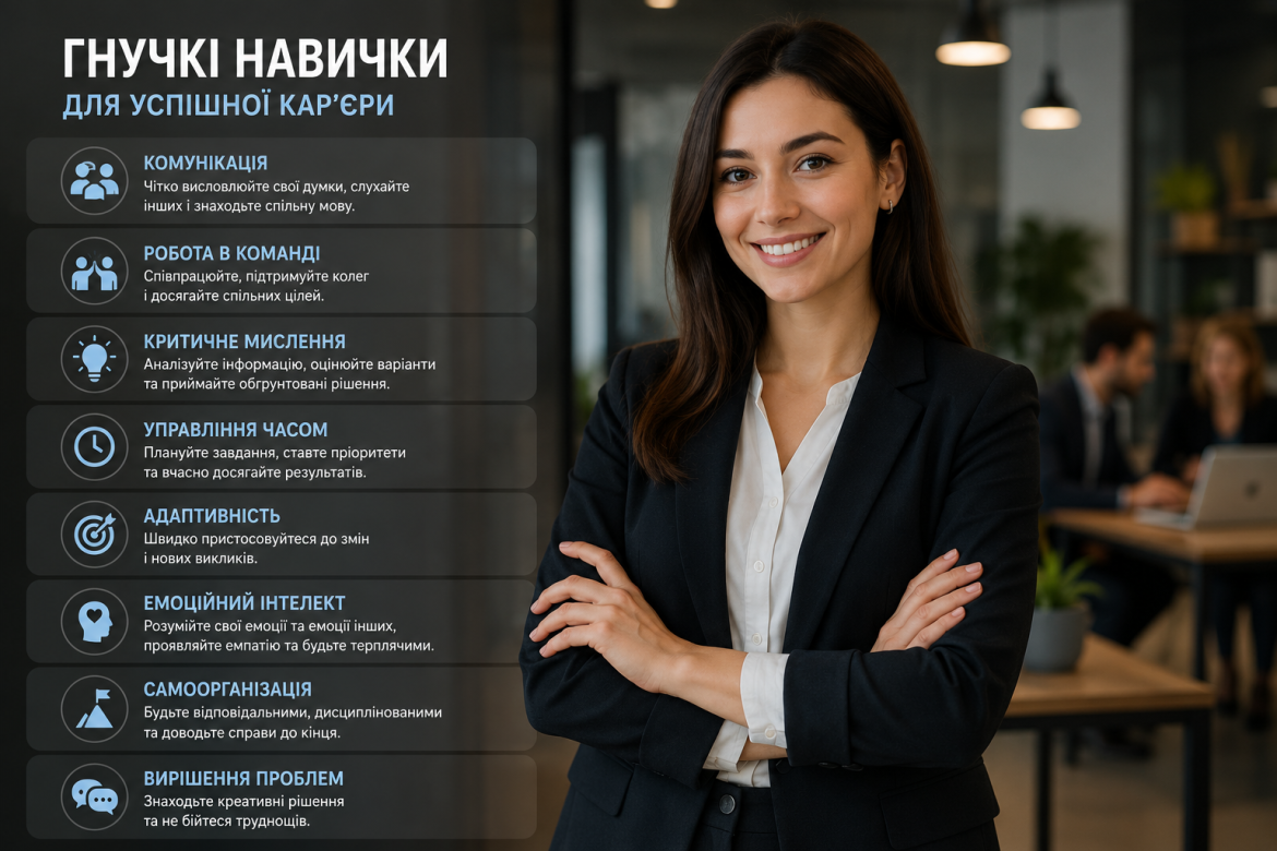 Впевнена жінка в діловому костюмі на фоні переліку 8 ключових гнучких навичок: комунікація, робота в команді, критичне мислення, управління часом та інші