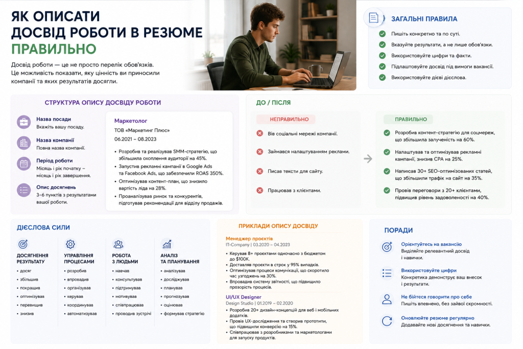 Інфографіка з правилами опису досвіду роботи в резюме: структура, порівняння правильних і неправильних формулювань, дієслова сили та приклади