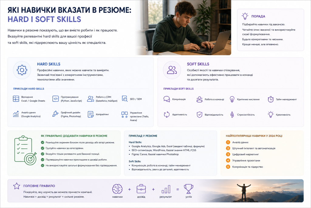 Інфографіка з поясненням різниці між hard skills і soft skills у резюме: приклади навичок, правила їх оформлення та найпопулярніші навички 2024 року