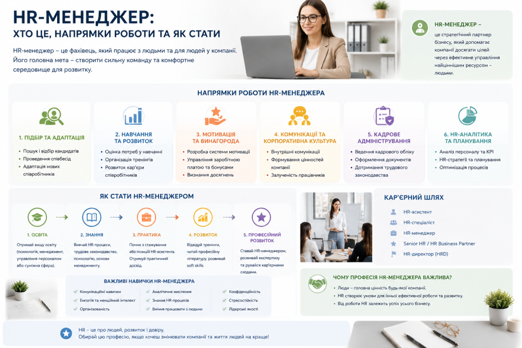 Інфографіка про професію HR-менеджера: напрямки роботи, кар'єрний шлях, важливі навички та кроки для входу в професію