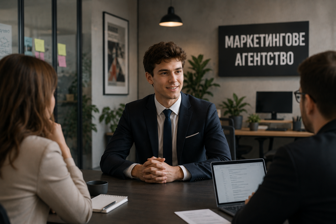 Молодий чоловік у діловому костюмі на співбесіді перед двома рекрутерами в офісі маркетингового агентства