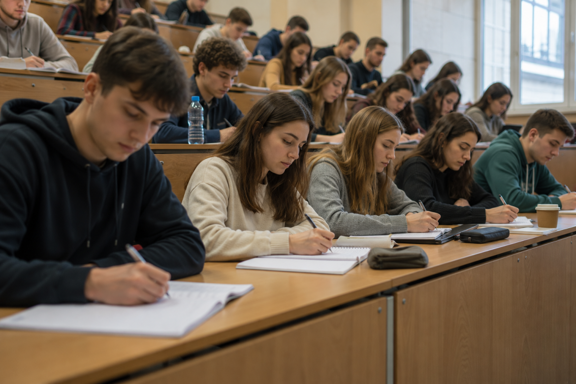 Студенти в університетській аудиторії зосереджено ведуть конспекти під час лекції
