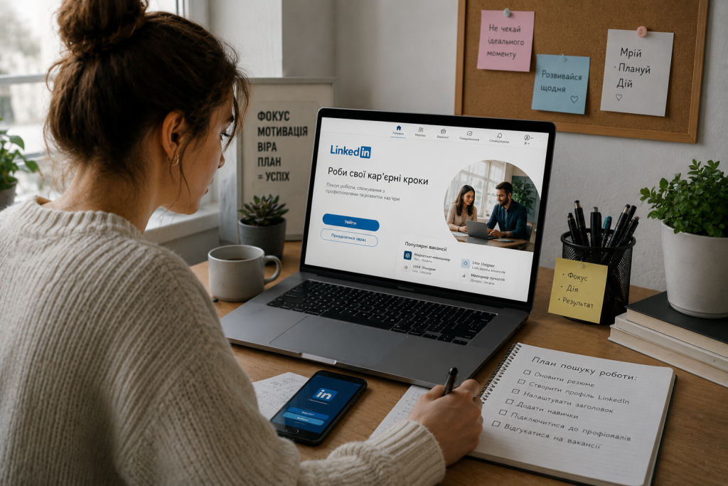 Дівчина переглядає головну сторінку LinkedIn на ноутбуці з вакансіями, поруч смартфон із додатком LinkedIn і блокнот із планом пошуку роботи