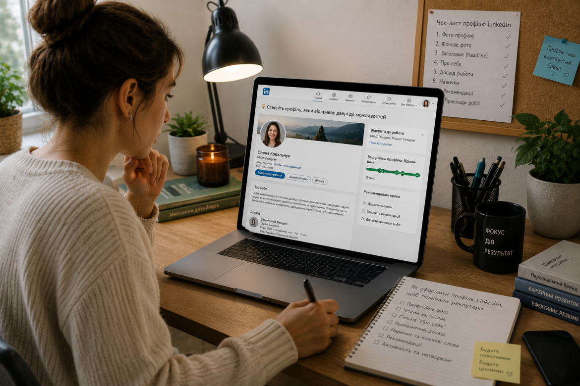 Дівчина налаштовує профіль LinkedIn дизайнера на ноутбуці, на дошці позаду чек-лист профілю, в блокноті поради щодо оформлення для рекрутерів