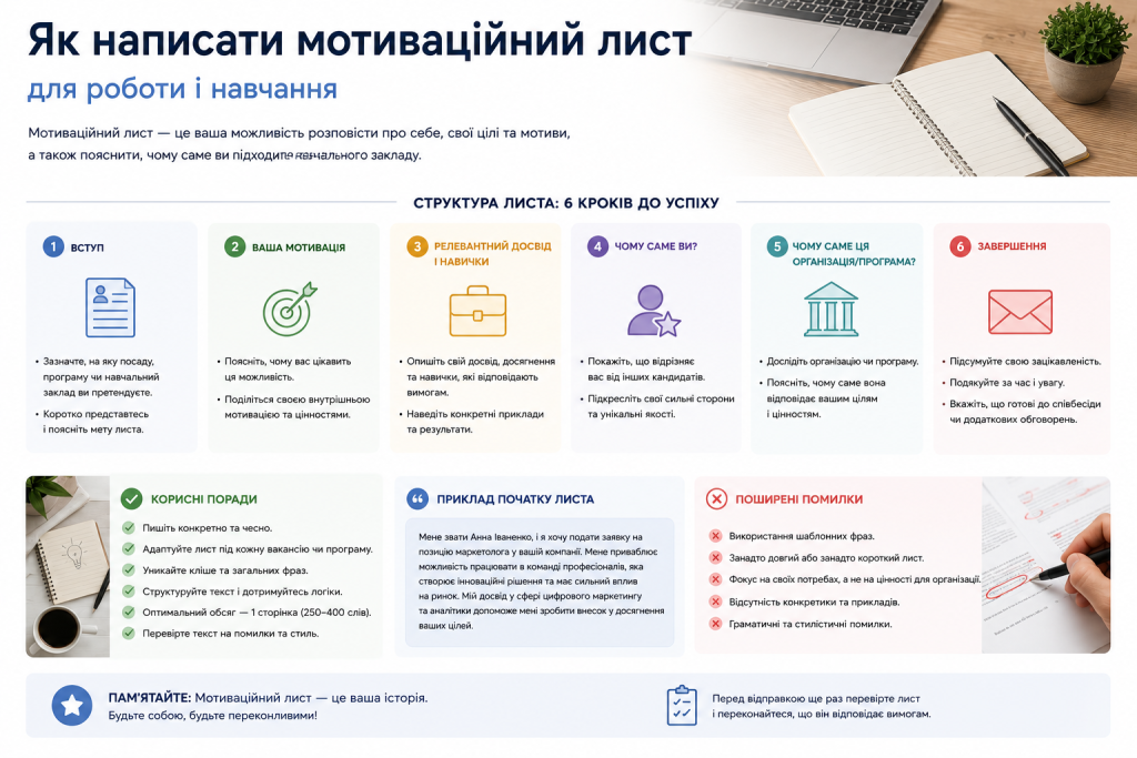 Інфографіка з 6-кроковою структурою мотиваційного листа: вступ, мотивація, досвід, унікальність кандидата, вибір організації та завершення, а також поширені помилки