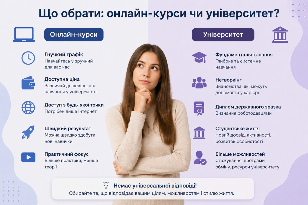 Інфографіка з порівнянням онлайн-курсів та університету: переваги кожного формату навчання