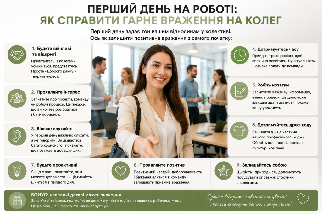 Інфографіка «Перший день на роботі» з 9 порадами щодо поведінки в колективі — від ввічливості та пунктуальності до дрес-коду та проактивності — на тлі фото усміхненої жінки в офісі