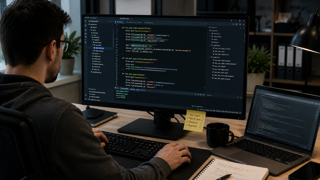 QA-інженер в окулярах пише автотести для перевірки авторизації на Python у редакторі коду, на стікері список тест-сценаріїв