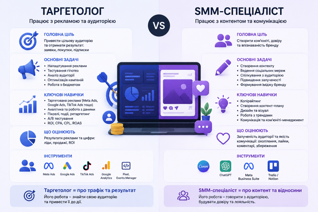 Інфографіка з порівнянням таргетолога та SMM-спеціаліста: цілі, задачі, навички, інструменти та критерії оцінки результатів роботи