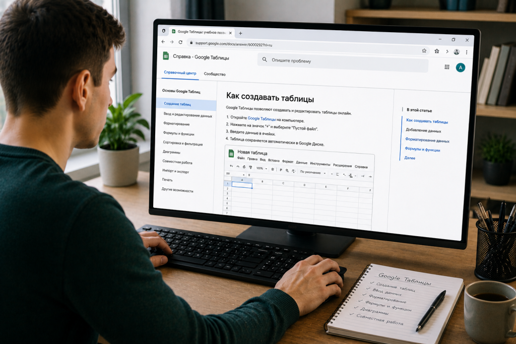 Чоловік вивчає довідку Google Таблиць на великому моніторі, поруч блокнот із переліком тем: створення таблиць, формули, діаграми, спільна робота