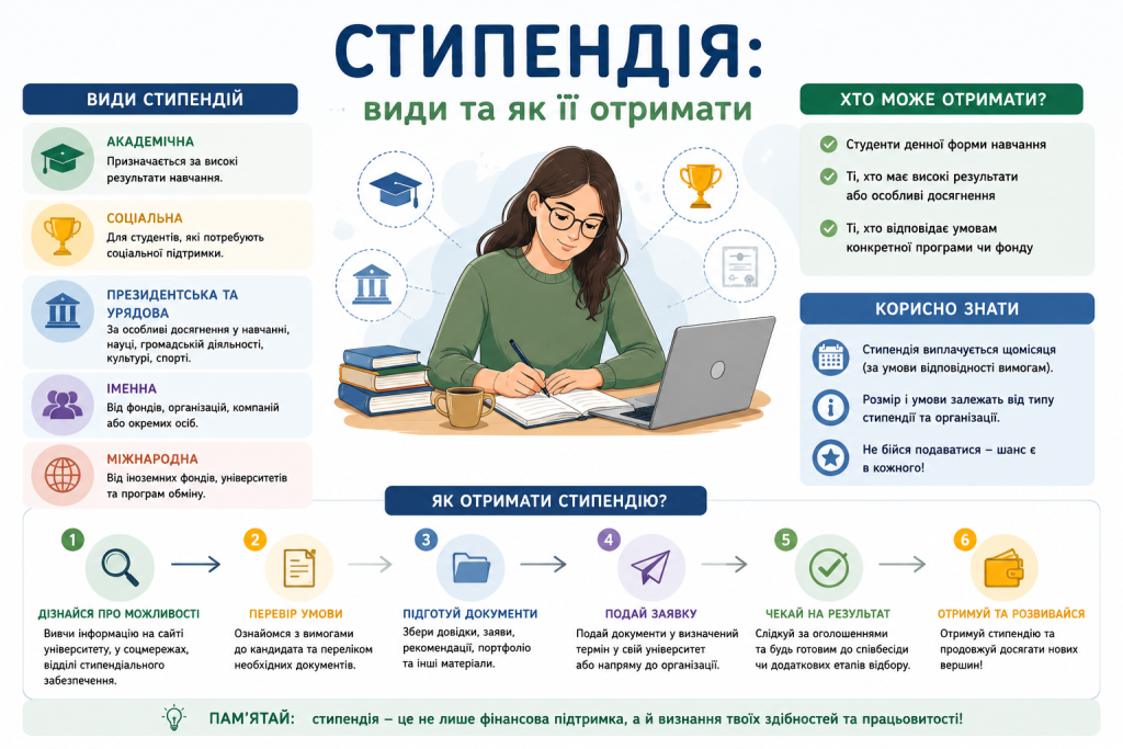 Інфографіка з 5 видами стипендій (академічна, соціальна, президентська, іменна, міжнародна) та 6 кроками для її отримання від пошуку можливостей до виплати