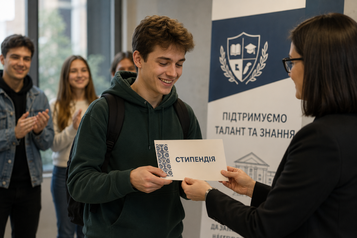 Усміхнений студент отримує конверт зі стипендією від викладача на фоні банера університету з написом «Підтримуємо талант та знання»