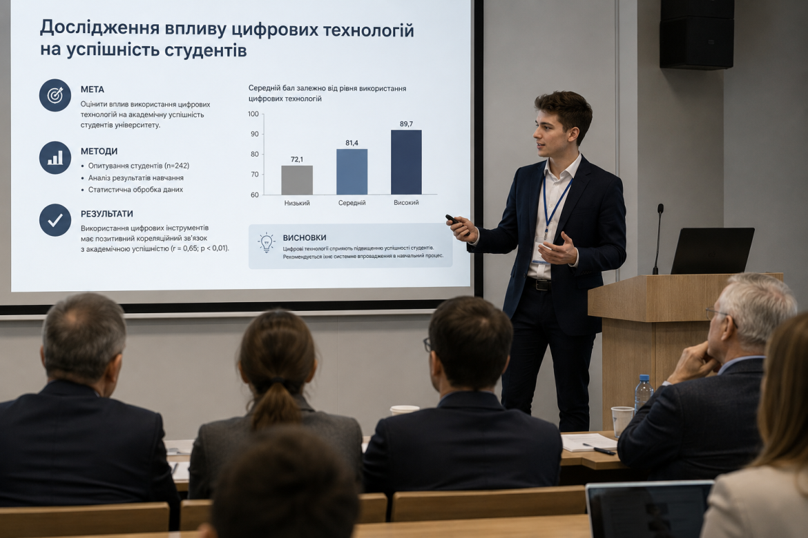 Молодий чоловік у костюмі представляє наукову доповідь перед аудиторією на конференції, на екрані — графік та висновки дослідження