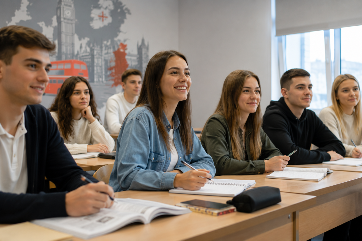 Група усміхнених молодих людей на уроці англійської мови в класі з британською символікою на стіні