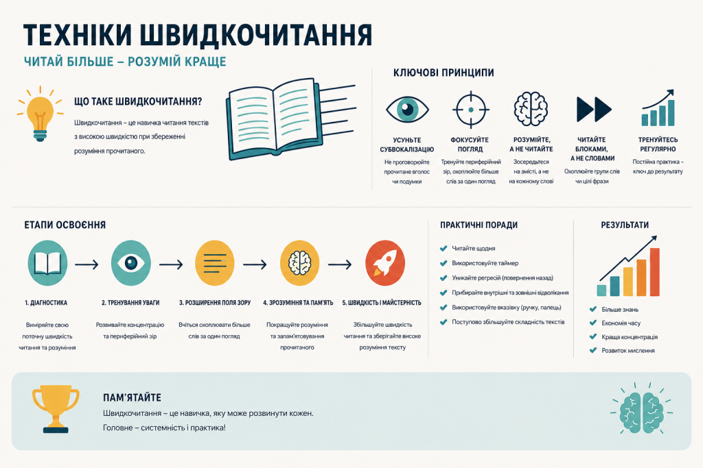 Інфографіка з ключовими принципами та етапами освоєння швидкочитання: усунення субвокалізації, фокус погляду, читання блоками та практичні поради