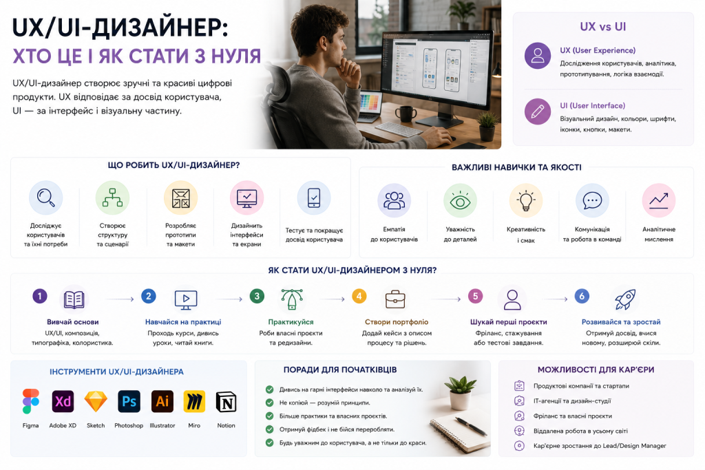 Інфографіка про професію UX/UI-дизайнера: різниця між UX і UI, навички, інструменти, кроки для старту кар'єри та можливості зростання