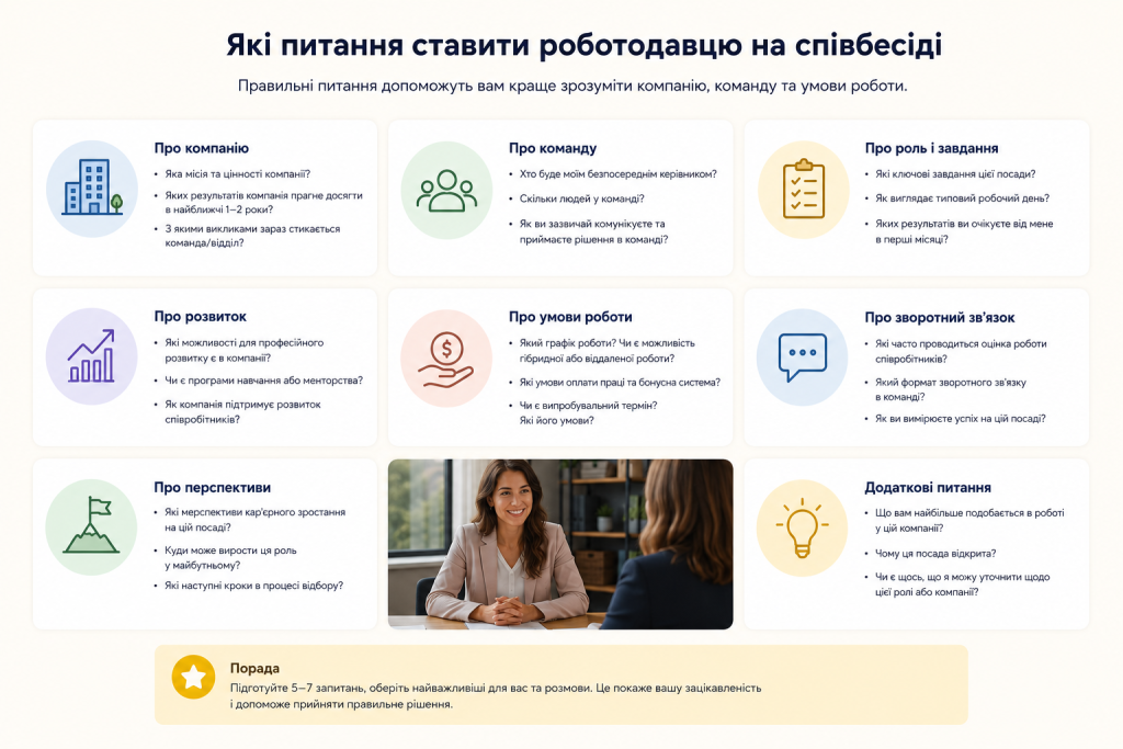 Інфографіка з переліком питань для роботодавця на співбесіді: про компанію, команду, роль, розвиток, умови роботи та зворотний зв'язок