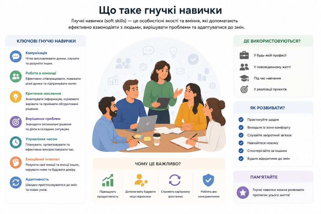 Інфографіка з поясненням поняття гнучких навичок: перелік ключових soft skills, сфери їх застосування та практичні поради щодо розвитку