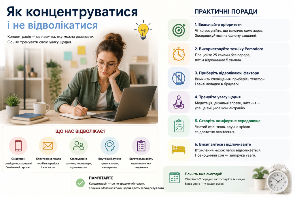 Інфографіка з 6 практичними порадами щодо концентрації та переліком основних відволікаючих факторів: смартфон, пошта, спілкування, внутрішні думки та багатозадачність