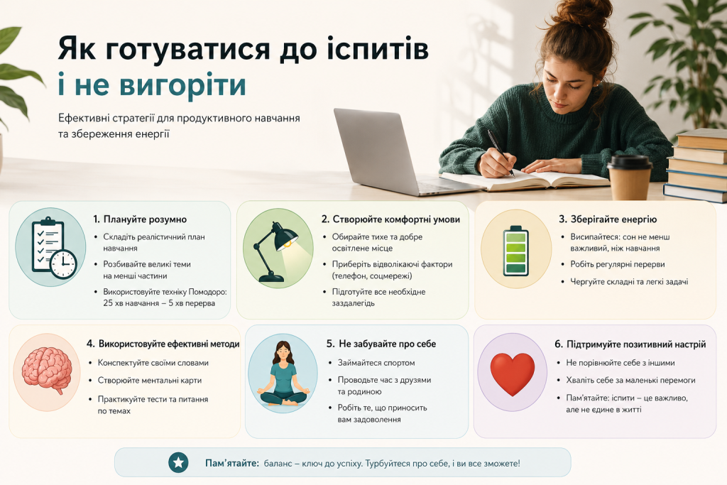Інфографіка з 6 порадами щодо підготовки до іспитів: планування, комфортні умови, збереження енергії та позитивний настрій