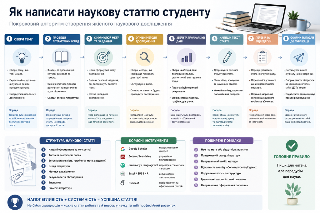 Інфографіка з 8 кроками написання наукової статті: від вибору теми до подачі до публікації, зі структурою статті, корисними інструментами та поширеними помилками