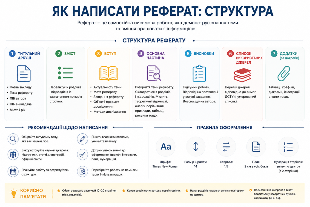Інфографіка з 7-частинною структурою реферату: від титульного аркуша до додатків, із правилами оформлення та рекомендаціями щодо написання