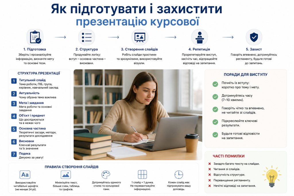 Інфографіка з 5 кроками підготовки до захисту курсової: підготовка, структура, створення слайдів, репетиція та захист, а також поради для виступу і типові помилки