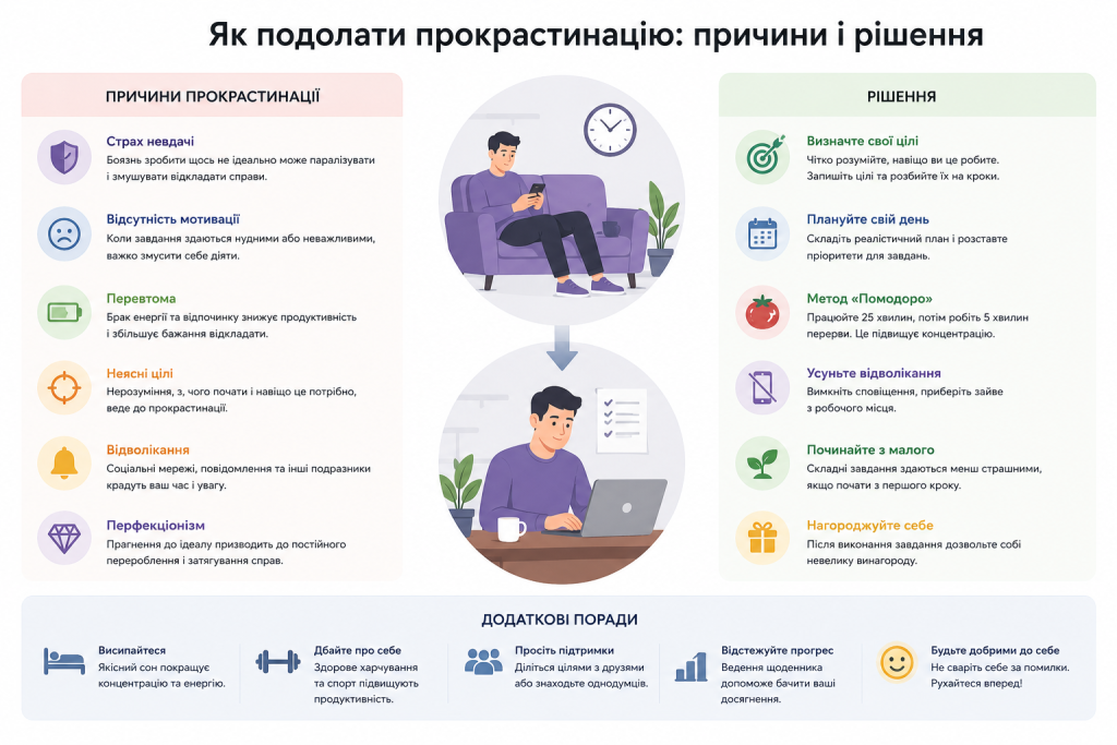 Інфографіка з 6 причинами прокрастинації та 6 практичними рішеннями для їх подолання, включно з методом Помодоро та порадами щодо планування