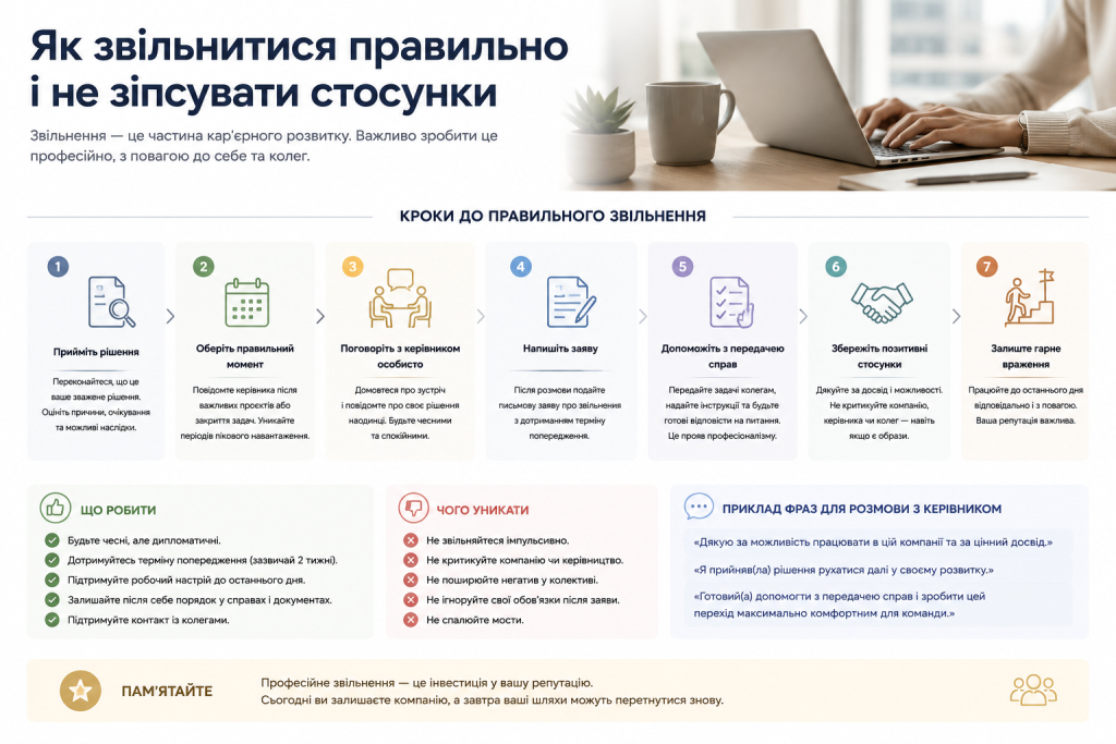 Інфографіка з 7 кроками правильного звільнення: від прийняття рішення до збереження позитивних стосунків із командою