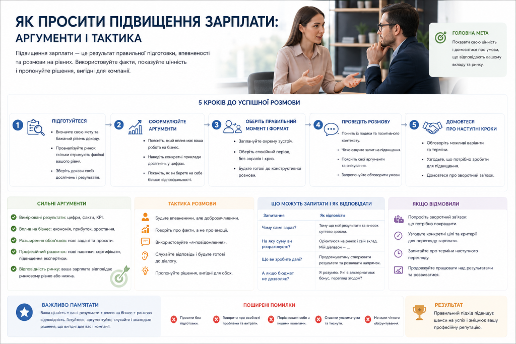 Інфографіка з 5 кроками для успішного прохання про підвищення зарплати: підготовка, аргументи, вибір моменту, проведення розмови та домовленості